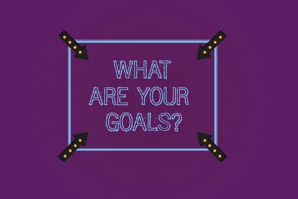 Schreiben Sie eine Notiz, die zeigt, was Ihre Ziele sind. Business-Foto präsentiert sagen Sie uns Ihre Ziele, was Sie erreichen möchten quadratische Umrisse mit Eckpfeilen nach innen zeigen auf farbigem Hintergrund. — Stockfoto