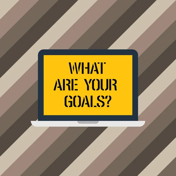 Text sign showing What Are Your Goals. Conceptual photo Tell us your objectives what you want to accomplish Laptop Monitor Personal Computer Device Tablet Blank Screen for Text Space. — Stock Photo, Image