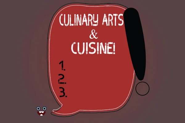 Word writing text Culinary Arts And Cuisine. Business concept for Chef preparing gourmet foods excellent recipes Blank Color Speech Bubble Outlined with Exclamation Point Monster Face icon.