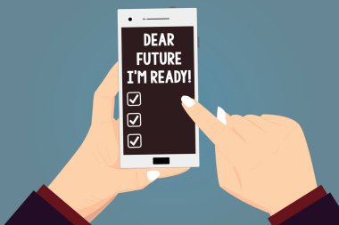 Word metin sevgili gelecek I M hazır yazma. İş kavramı için sonraki olaylar ve başarı için motive Hu analiz ellerini tutarak işaret dokunmadan Smartphone boş renkli ekran hazır olun.