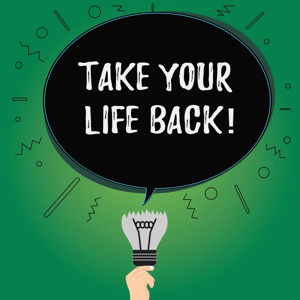 Signo de texto que muestra Take Your Life Back. Foto conceptual Tener una motivación de estilo de vida equilibrado para seguir adelante Blank Oval Color Speech Bubble Above a Broken Bulb with Failed Idea icono . — Foto de Stock