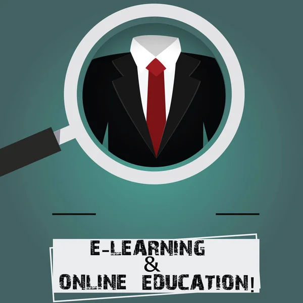 Conceptual hand writing showing E Learning And Online Education. Business photo text Remote studying Online digital lessons Magnifying Glass Enlarging a Tuxedo and Label Tag Below. — Stock Photo, Image