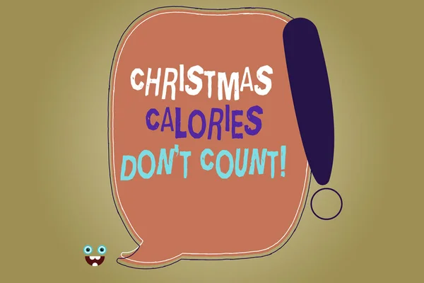 Writing note showing Christmas Calories Don T Count. Business photo showcasing Eat whatever you want in holiday seasons Blank Color Speech Bubble Outlined with Exclamation Point.