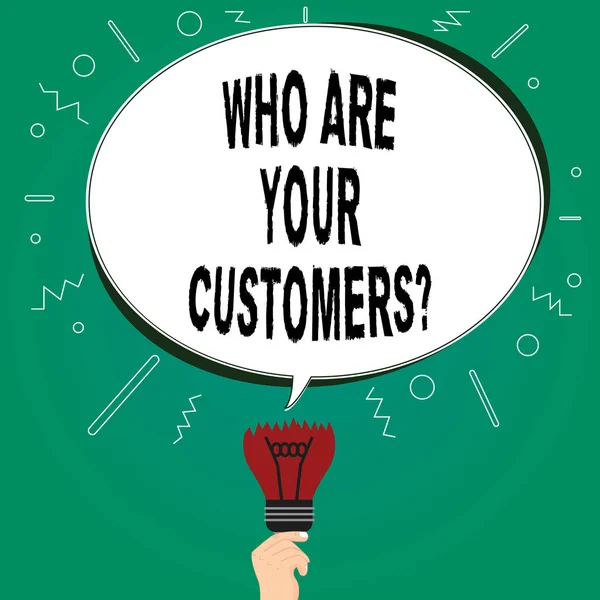 Handwriting text writing Who Are Your Customersquestion. Concept meaning Know your leads clients Business analysisagement Blank Oval Color Speech Bubble Above a Broken Bulb with Failed Idea icon.