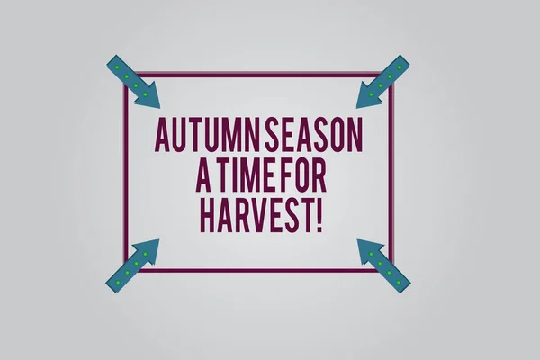 Writing note showing Autumn Season A Time For Harvest. Business photo showcasing Best time for agricultural activities Square Outline with Corner Arrows Pointing Inwards on Color Background. — Stock Photo, Image