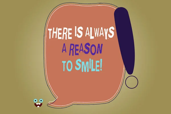 写的笔记显示总是有一个微笑的理由。商业照片展示积极的思维良好的态度能量空白颜色讲话气泡概述感叹号. — 图库照片