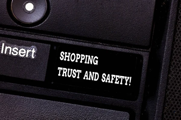 Text sign showing Shopping Trust And Safety. Conceptual photo Security on online purchase services payments Keyboard key Intention to create computer message pressing keypad idea. — Stock Photo, Image