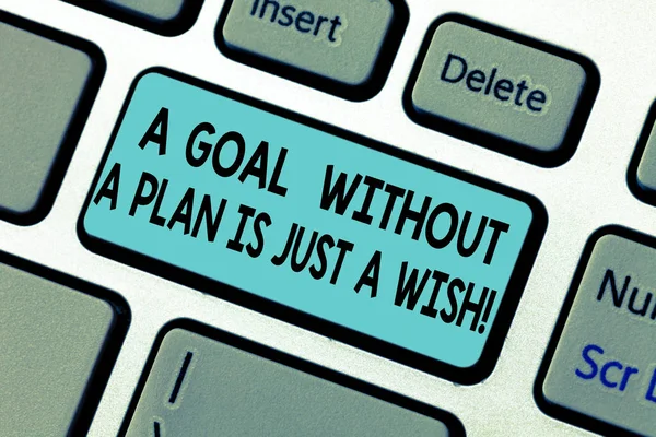 Handwriting text A Goal Without A Plan Is Just A Wish. Concept meaning Make strategies to reach objectives Keyboard key Intention to create computer message pressing keypad idea. — Stock Photo, Image