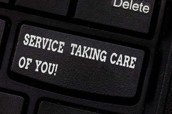 Writing note showing Service Taking Care Of You. Business photo showcasing Offering assistance Experts advice ideas Keyboard key Intention to create computer message pressing keypad idea.
