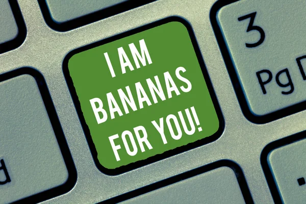Ord skriva text jag bananer för dig. Affärsidé för att vara galen för någon i älskade glada känslor tangent avsikt att skapa dator meddelande, att trycka på knappsatsen idé. — Stockfoto
