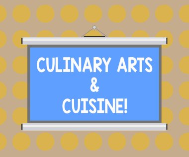 Metin yazma mutfak sanatları ve mutfağı kelime. İş kavramı Şef gurme gıda mükemmel tarifleri boş duvara asılmış projeksiyon ekran taşınabilir için konferans sunum hazırlama için.