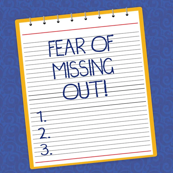 Text sign showing Fear Of Missing Out. Conceptual photo Afraid of losing something or someone stressed Lined Spiral Top Color Notepad photo on Watermark Printed Background.