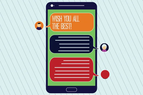 Handskrift text vill du alla de bästa. Koncept vilket innebär speciella önskemål har en lycka lycklig liv Mobile Messenger skärm med chatta huvuden och Blank färg pratbubblor. — Stockfoto