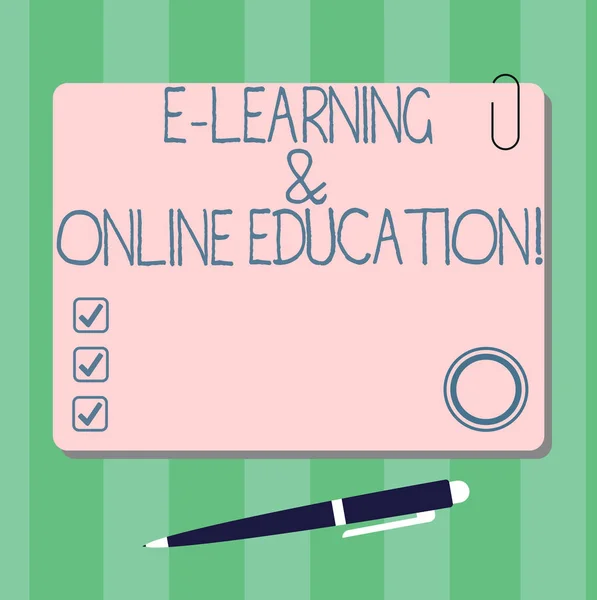 Writing note showing E Learning And Online Education. Business photo showcasing Remote studying Online digital lessons Square Color Board with Magnet Click Ballpoint Pen and Clip. — Stock Photo, Image