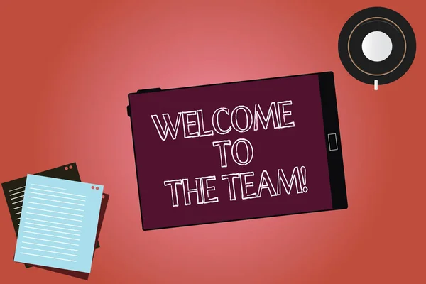Text sign showing Welcome To The Team. Conceptual photo Greeting making part of a work group new showing Tablet Empty Screen Cup Saucer and Filler Sheets on Blank Color Background. — Stock Photo, Image