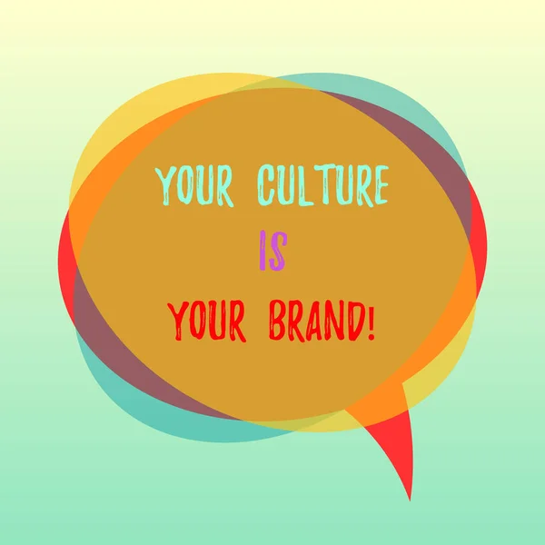 Texte manuscrit Your Culture Is Your Brand. Concept signifiant Connaissances Les expériences sont une carte de présentation Bulle de discours vierge photo et pile de cercle transparent se chevauchant . — Photo