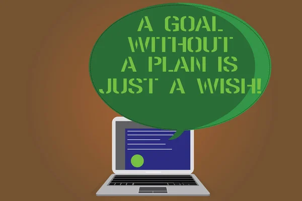 Writing note showing A Goal Without A Plan Is Just A Wish. Business photo showcasing Make strategies to reach objectives Certificate Layout on Laptop Screen and Halftone Speech Bubble. — Stock Photo, Image