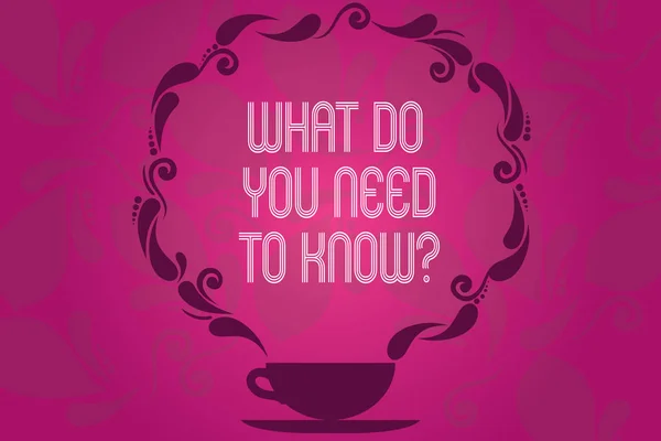 Handwriting text What Do You Need To Knowquestion. Concept meaning Tell us things for learning Knowledge Cup and Saucer with Paisley Design as Steam icon on Blank Watermarked Space.