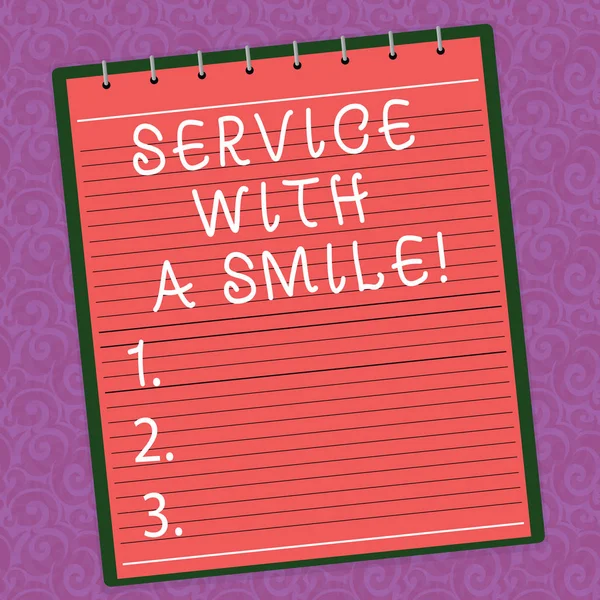 Word テキストを笑顔でサービスを書きます。カスタム支援やる気で幸福のビジネス コンセプトは透かし印刷背景に並んでスパイラル上部色メモ帳の写真をサポートします。. — ストック写真