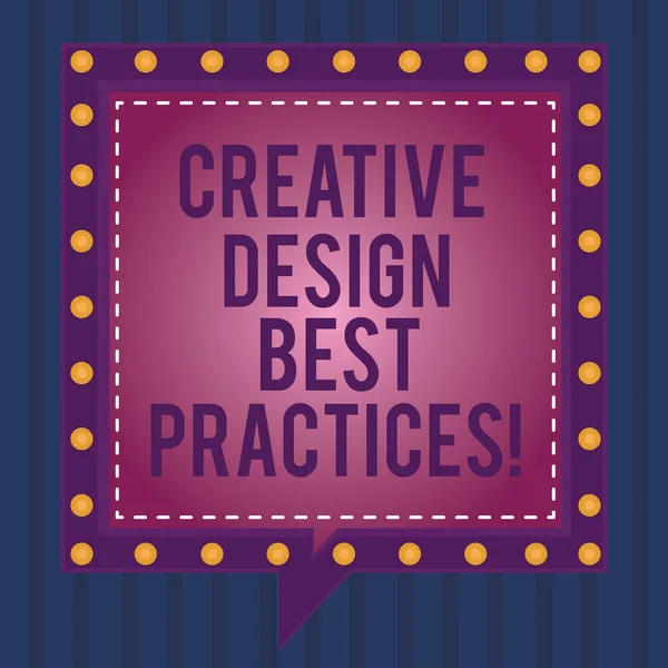 Writing note showing Creative Design Best Practices. Business photo showcasing High creativity good perforanalysisce ideas Square Speech Bubbles Inside other with Broken Line Circles. — Stock Photo, Image