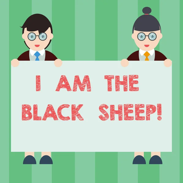 Rukopis textu, psaní I Am The Black Sheep. Pojetí znamená odlišné od ostatních originál jedinečné ve skupině muž a žena v jednotné stálého držení štítek Banner Text mezeru. — Stock fotografie