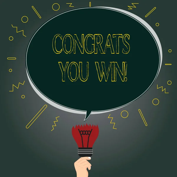 Handwriting text Congrats You Win. Concept meaning Congratulations for your accomplish competition winner Blank Oval Color Speech Bubble Above a Broken Bulb with Failed Idea icon.