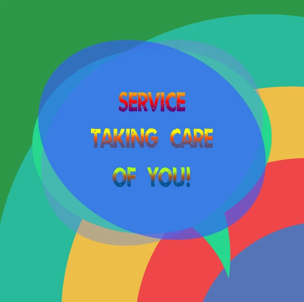 Text sign showing Service Taking Care Of You. Conceptual photo Offering assistance Experts advice ideas Blank Speech Bubble photo and Stack of Transparent Circle Overlapping.