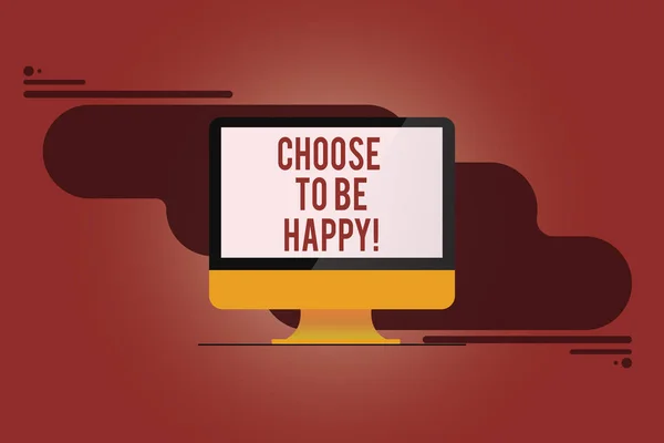 Word tekst schrijven kiezen om Be Happy. Businessconcept voor besluiten worden in een goed humeur smiley vrolijk blij genieten van Mounted Computer Monitor leeg weergegeven scherm op abstracte achtergrond. — Stockfoto