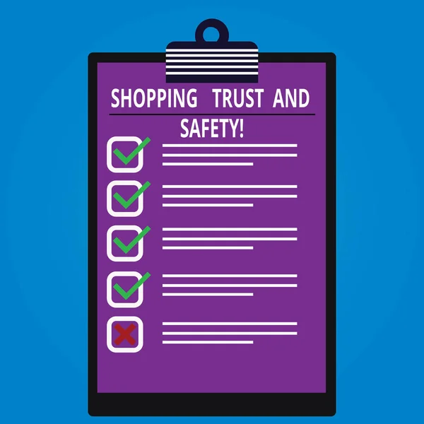 Conceptual hand writing showing Shopping Trust And Safety. Business photo showcasing Security on online purchase services payments Vertical Clipboard with Check Box photo Blank Copy Space.