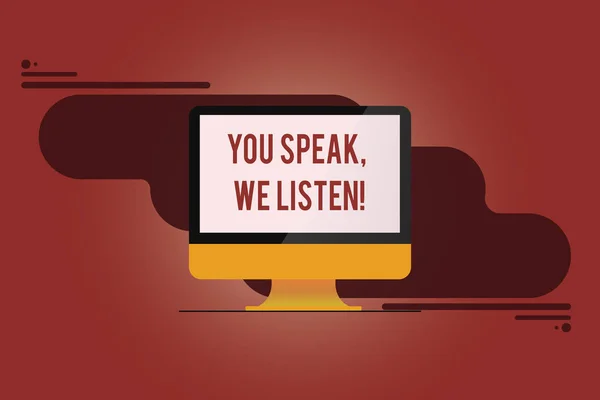 Teks menulis kata Anda Bicara Kami Mendengarkan. Konsep bisnis untuk Komunikasi kepada kami perasaan dan informasi Anda Monitor Komputer Berkait Kosong Layar Direfleksi pada Latar Belakang Abstrak . — Stok Foto