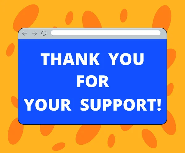 Notiz, in der Sie sich für Ihre Unterstützung bedanken. Business-Foto präsentiert Wertschätzung dankbar für Hilfe angesichts Monitor-Bildschirm mit Fortschrittskontrollleiste leeren Textbereich. — Stockfoto