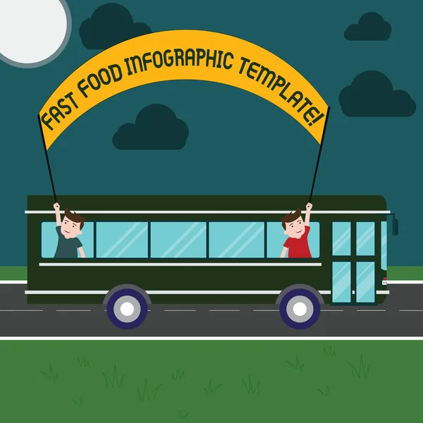 Texte d'écriture Word Fast Food Infographic Template. Concept d'entreprise pour les diagrammes de conception pour donner des informations Deux enfants à l'intérieur de l'autobus scolaire tenant la bannière avec bâton lors d'une excursion d'une journée . — Photo