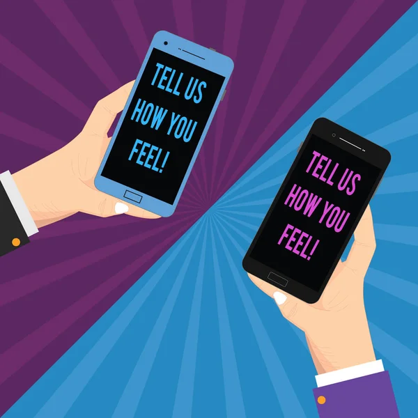 Writing Obs visar berätta för oss hur du känner. Företag foto skylta uttrycka dina känslor och tankar till andra visar två Hu analys händer håller tom Smartphone på Sunburst. — Stockfoto