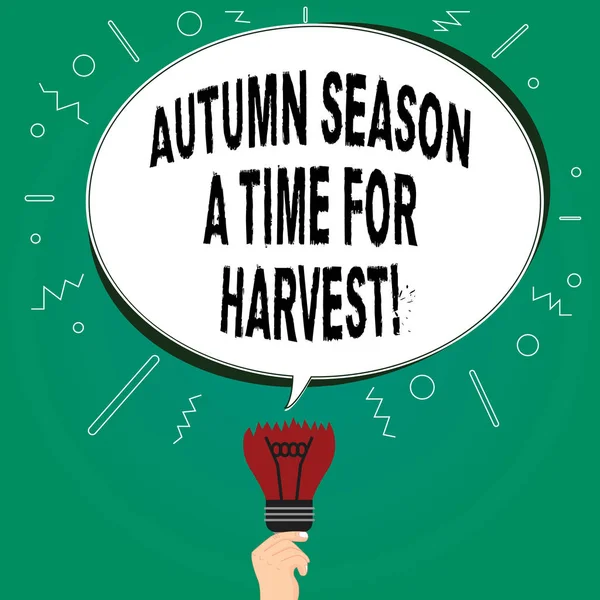 Handwriting text writing Autumn Season A Time For Harvest. Concept meaning Best time for agricultural activities Blank Oval Color Speech Bubble Above a Broken Bulb with Failed Idea icon.