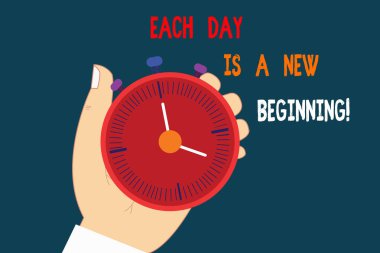 Her gün var A yeni başlangıç gösterilen metin işareti. Kavramsal fotoğraf tekrar Start Stop butonu ile ilham Hu analiz el Holding mekanik Stop Watch Zamanlayıcı başlayabilirsiniz her sabah.