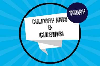 El yazısı metin mutfak sanatları ve mutfağı. Gurme gıda mükemmel yemek tarifleri hazırlama Şef anlam kavramı 3d şerit şerit daire döngü içinde yarı ton Sunburst resmi için katlanmış..