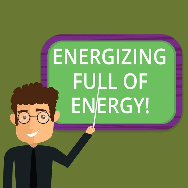 Writing note showing Energizing Full Of Energy. Business photo showcasing Focused energized full of power motivated Man Standing Holding Stick Pointing to Wall Mounted Blank Color Board. — Stock Photo, Image