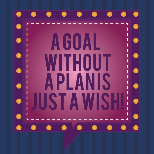 Writing note showing A Goal Without A Plan Is Just A Wish. Business photo showcasing Make strategies to reach objectives Square Speech Bubbles Inside other with Broken Line Circles. — Stock Photo, Image