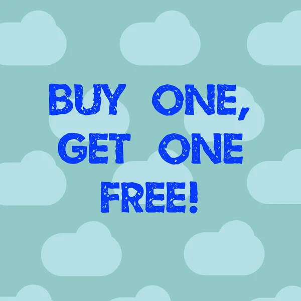 Word writing text Buy One Get One Free. Business concept for Promotion discount special offering in gift card Blue Sky Clouds Floating Repeat Blank Space for Poster Presentation Cards.