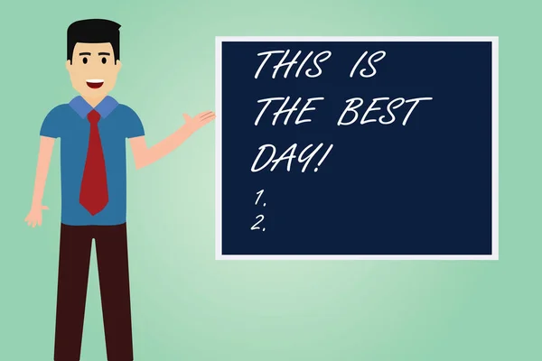 Håndskriftsteksten "This Is the Best Day". Begreps motivasjonsinspirasjon for et godt øyeblikk, nyt "Man with Tie Standing Talking Presenting Blank Color Square-bildet". . – stockfoto