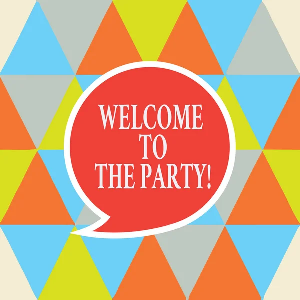 Writing note showing Welcome To The Party. Business photo showcasing Greeting starting celebration fun joy happiness Speech Bubble with Border Empty Text Balloon Dialogue Box. — Stock Photo, Image