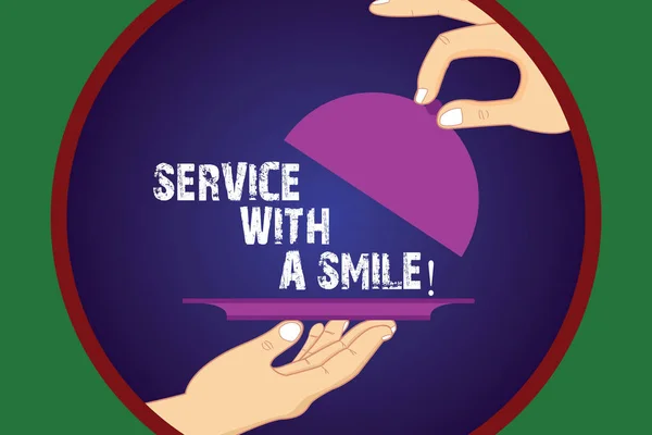 Writing note showing Service With A Smile. Business photo showcasing Happiness in custom assistance Motivated support Hu analysis Hands Serving Tray Platter and Lifting the Lid. — Stock Photo, Image