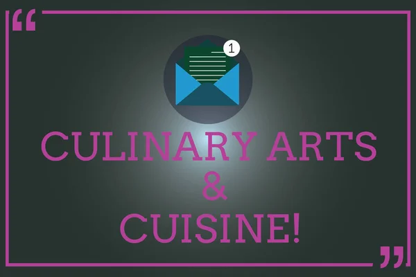 Writing note showing Culinary Arts And Cuisine. Business photo showcasing Chef preparing gourmet foods excellent recipes Open Envelope with Paper Email Message inside Quotation Mark.