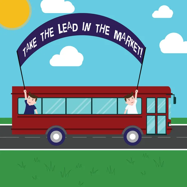 Signo de texto que muestra Take The Lead In The Market. Foto conceptual Sé la marca más importante entre otras Dos niños dentro del autobús escolar sosteniendo la pancarta con palo en una excursión de un día . —  Fotos de Stock