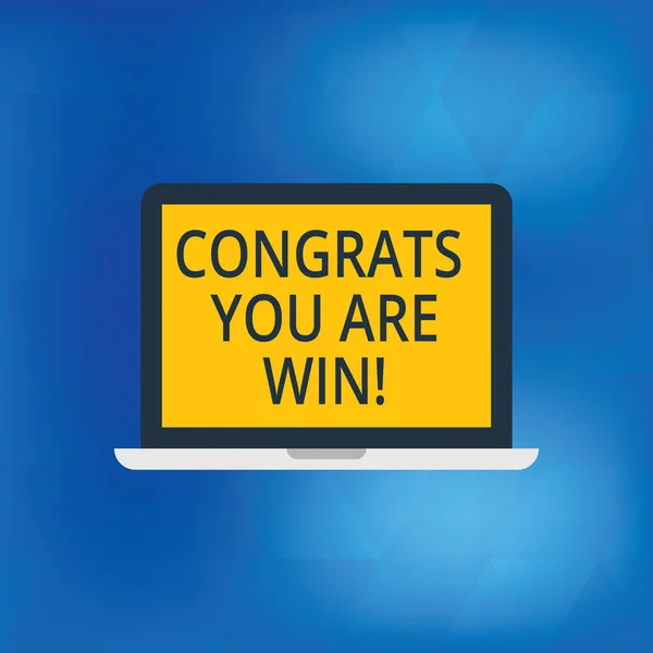 Writing Obs visar Grattis du önskar vinna. Företag foto skylta Grattis för din åstadkomma konkurrens vinnare Laptop skärm dator tablett skärmutrymme Text. — Stockfoto