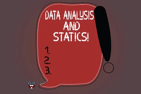 Word writing text Data Analysis And Statics. Business concept for Chart graph analytics Statistical information Blank Color Speech Bubble Outlined with Exclamation Point Monster Face icon.