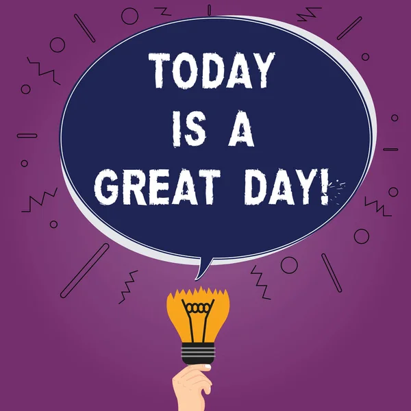 Text sign showing Today Is A Great Day. Conceptual photo Enjoying the moment great weather Having lots of fun Blank Oval Color Speech Bubble Above a Broken Bulb with Failed Idea icon