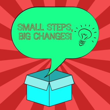 Kavramsal el küçük adımlar büyük değişiklikler gösterilen yazma. İş fotoğraf vitrine harika gol fikir simgesi boş yarı ton konuşma balonu üzerine karton kutuda gerçekleştirmek için küçük şeyler yapmak.