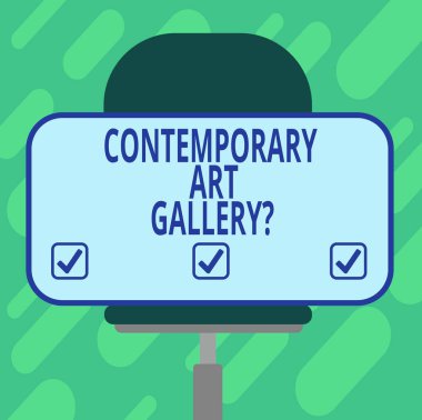 Kavramsal el çağdaş Art Galleryquestion gösterilen yazma. Özel forprofit ticari Galeri boş dikdörtgen şekli etiket oturan bir döner sandalye üzerinde vitrine iş fotoğraf.