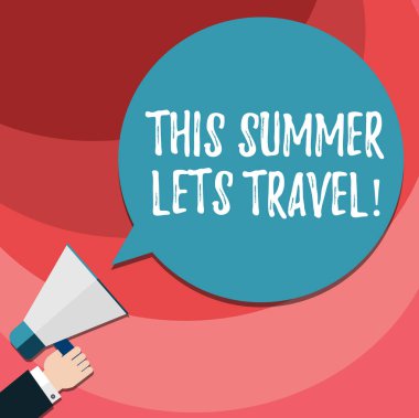 Word metin bu yaz seyahat sağlar yazma. İş kavramı davetlisi gezi tatil güneşli sezon yıl Hu analiz el elinde megafon boş yuvarlak renk konuşma balonu fotoğraf için.